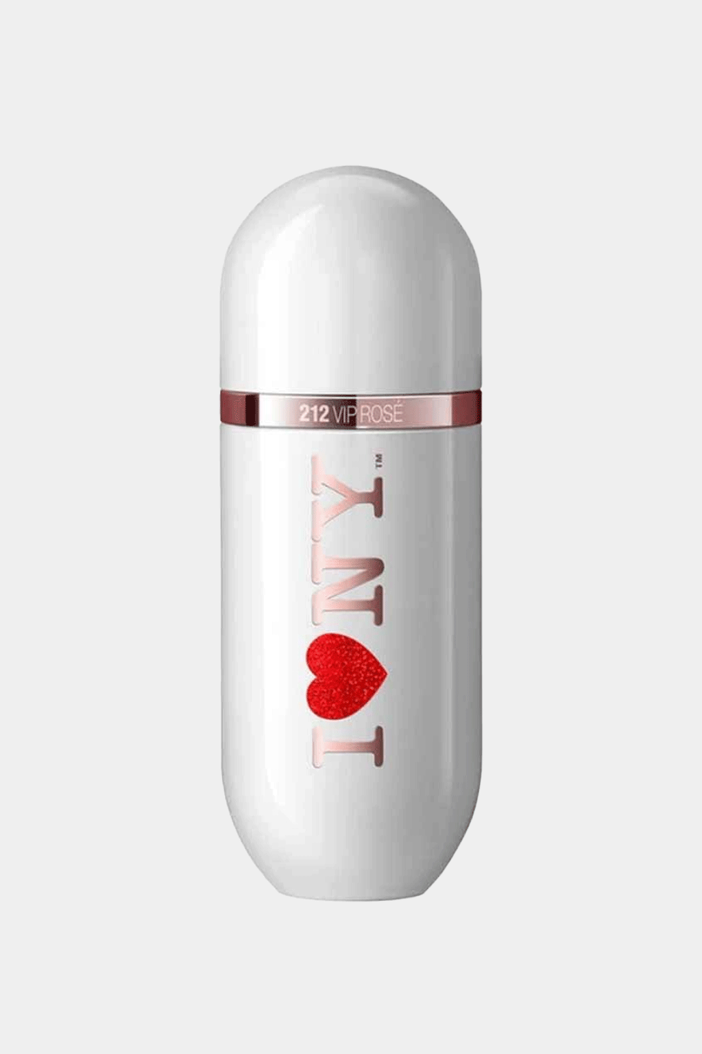 Carolina Herrera's 212 VIP Rosé perfume features a white, rounded bottle with a rose gold band and "I ♥ NY" design filled with sparkly red glitter. The sleek, sophisticated design combines elegance with playful femininity, set against a simple white background.