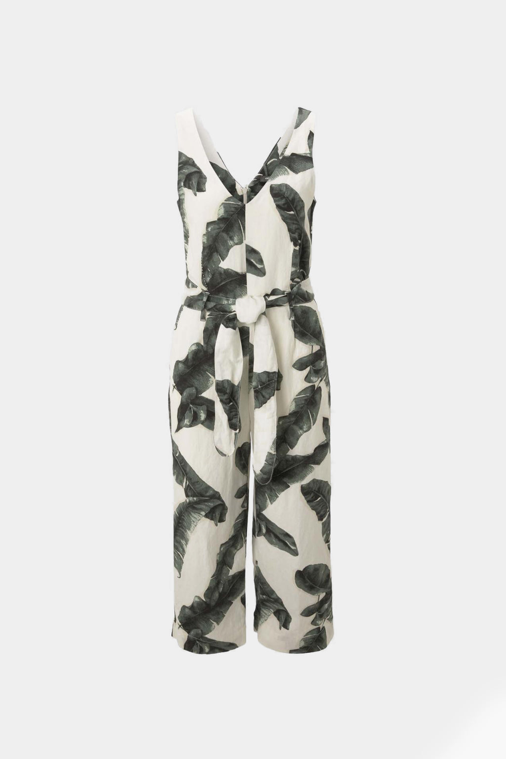Tom Tailor - Sleeveless Printed Linen Jumpsuit Ecru Tropical Leaves Design