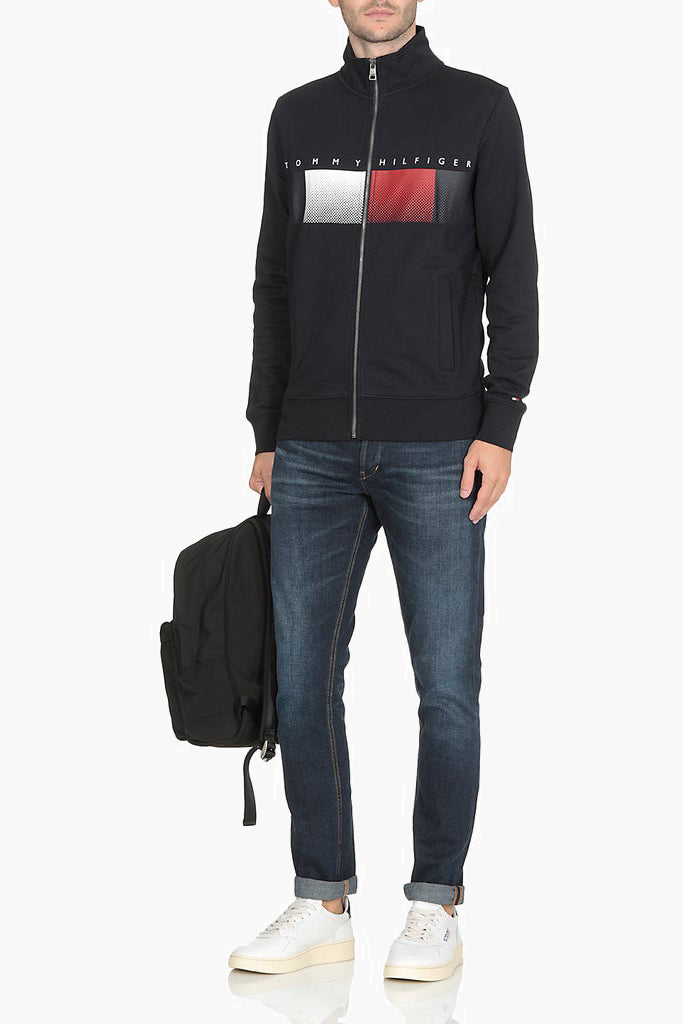 Tommy Hilfiger- Signature Flag Print Zip-Up Sweatshirt in Navy